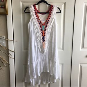 Short White Crepe Dress with Colorful Macrame Neck